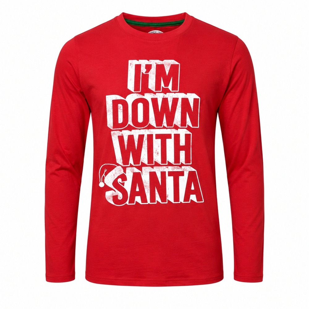 Holiday Time Graphic Tee Kids Size 6-7 Red Good Down With Santa Long Sleeve